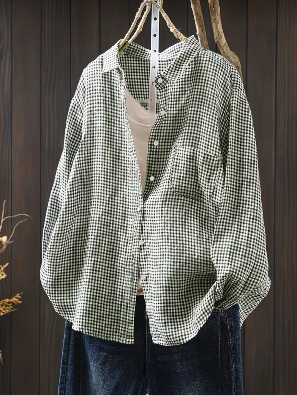 Loose Green Plaid Button Down Shirt Long Sleeve Versatile Casual Size 0Xl New